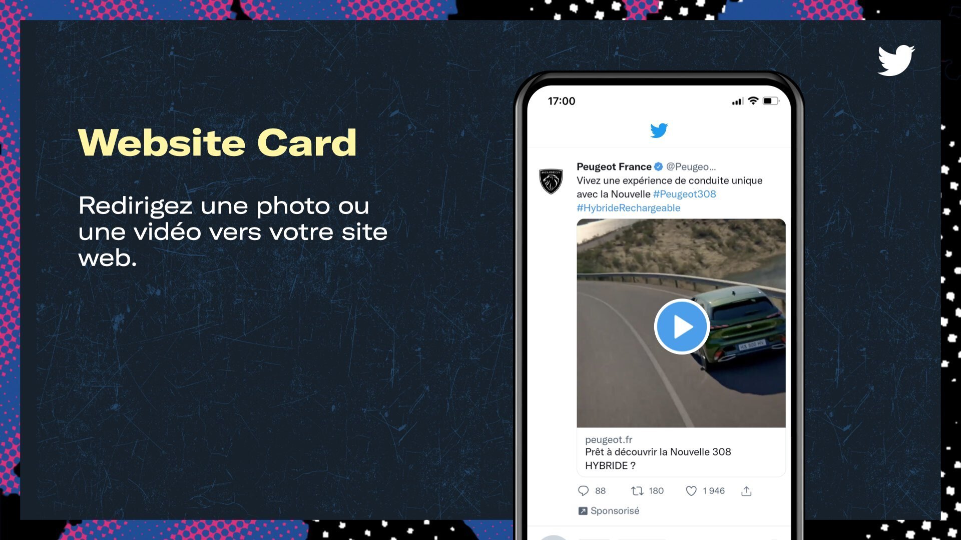 Visuel présentant un mockup illustrant la solution publicitaire Website Card pour la Nouvelle 308 Hybride de la marque Peugeot France. Une légende précise le texte suivant : redirigez une photo ou une vidéo vers votre site web. 
