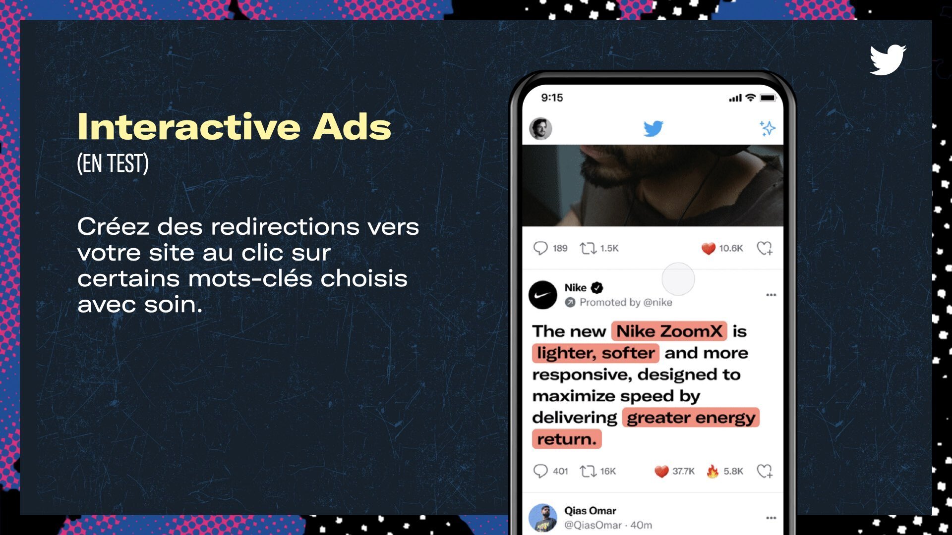 Visuel présentant un mockup illustrant la solution publicitaire Interactive Ads, actuellement en test, pour la marque Nike. Une légende précise le texte suivant : Créez des redirections vers votre site au clic sur certains mots-clés choisis avec soin. 