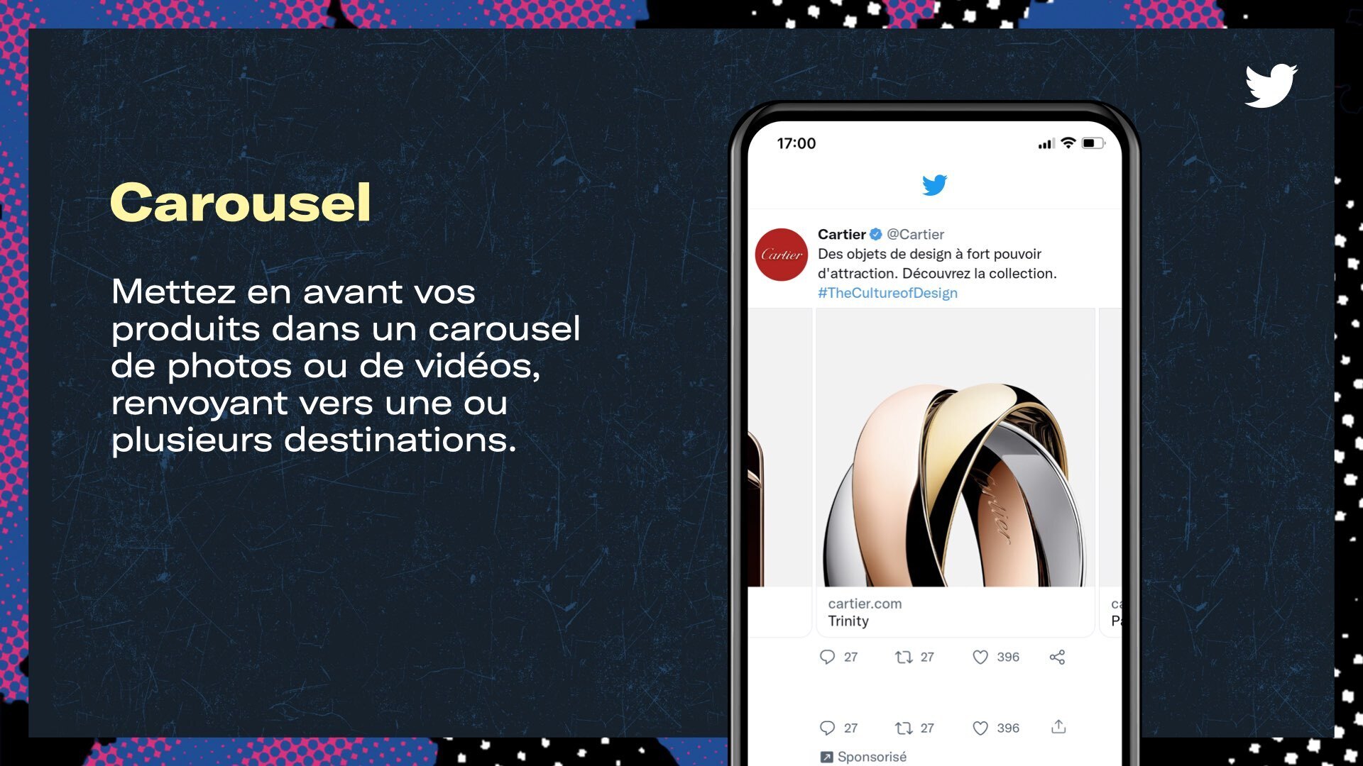 Visuel présentant un mockup illustrant la solution publicitaire Carousel pour les produits de la marque Cartier. Une légende précise le texte suivant : Mettez en avant vos produits dans un carrousel de photos ou de vidéos, renvoyant vers une ou plusieurs destinations.