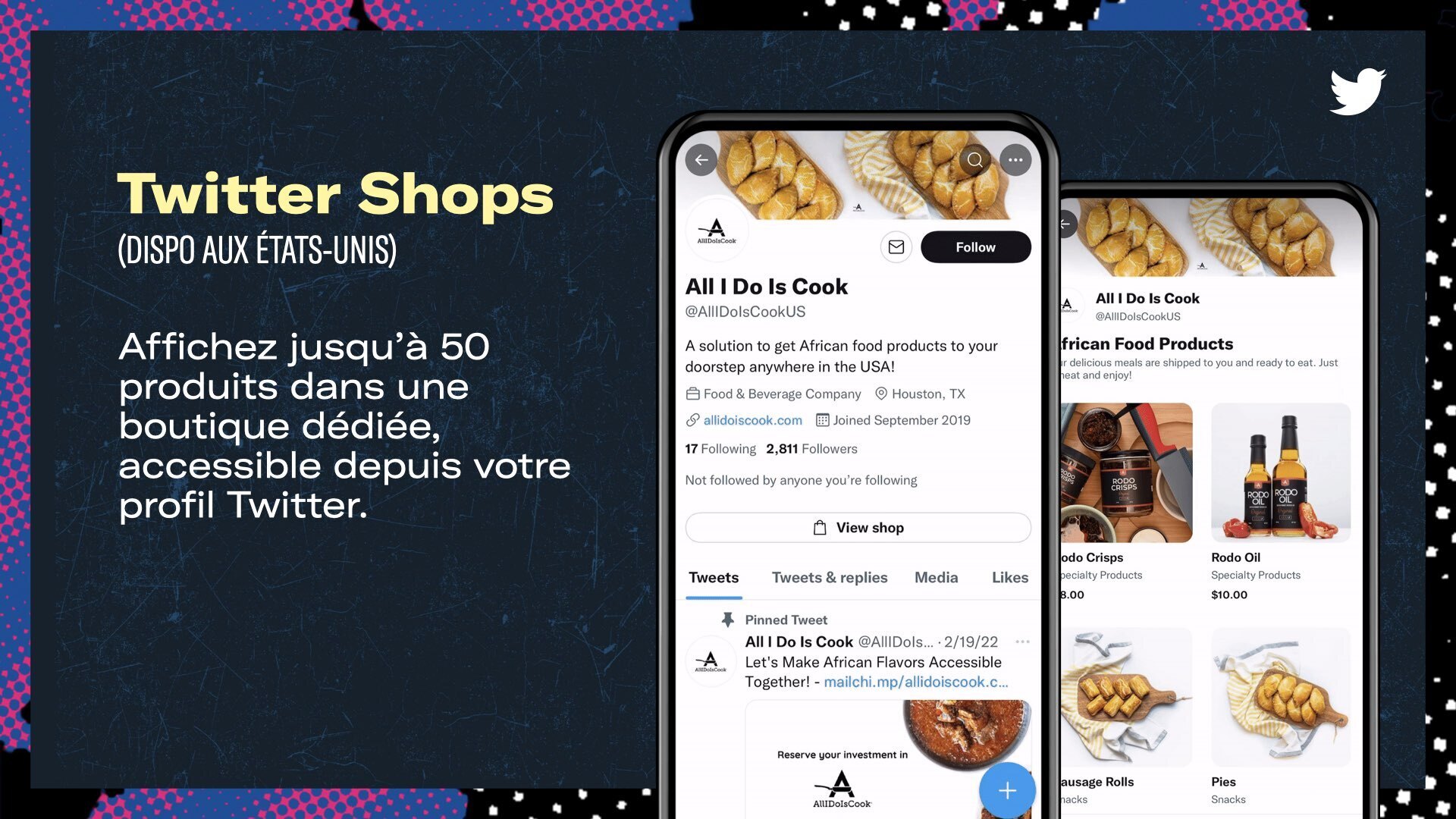 Visuel présentation un mockup de la solution publicitaire Twitter Shops actuellement disponible aux États-Unis. Une légende précise le texte suivant : Affichez jusqu'à 50 produits dans une boutique dédiée, accessible depuis votre profil Twitter.