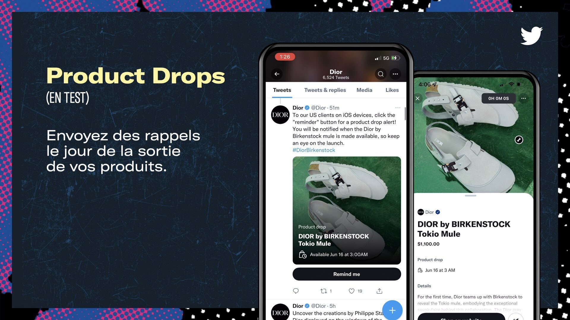 Visuel présentant un mockup illustrant la solution publicitaire Product Drops, actuellement en test, pour la marque Dior et sa collaboration avec Birkenstock. Une légende précise le texte suivant : Envoyez des rappels le jour de la sortie de vos produits. 