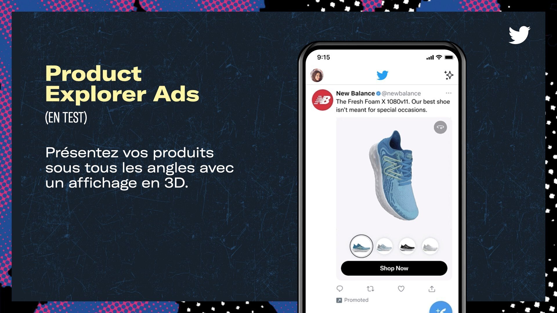 Visuel présentant un mockup pour la solution publicitaire Product Explorer Ads, actuellement en test, pour la marque New Balance. Un texte précise la légende suivante : Présentez vos produits sous tous les angles avec un affichage 3D. 