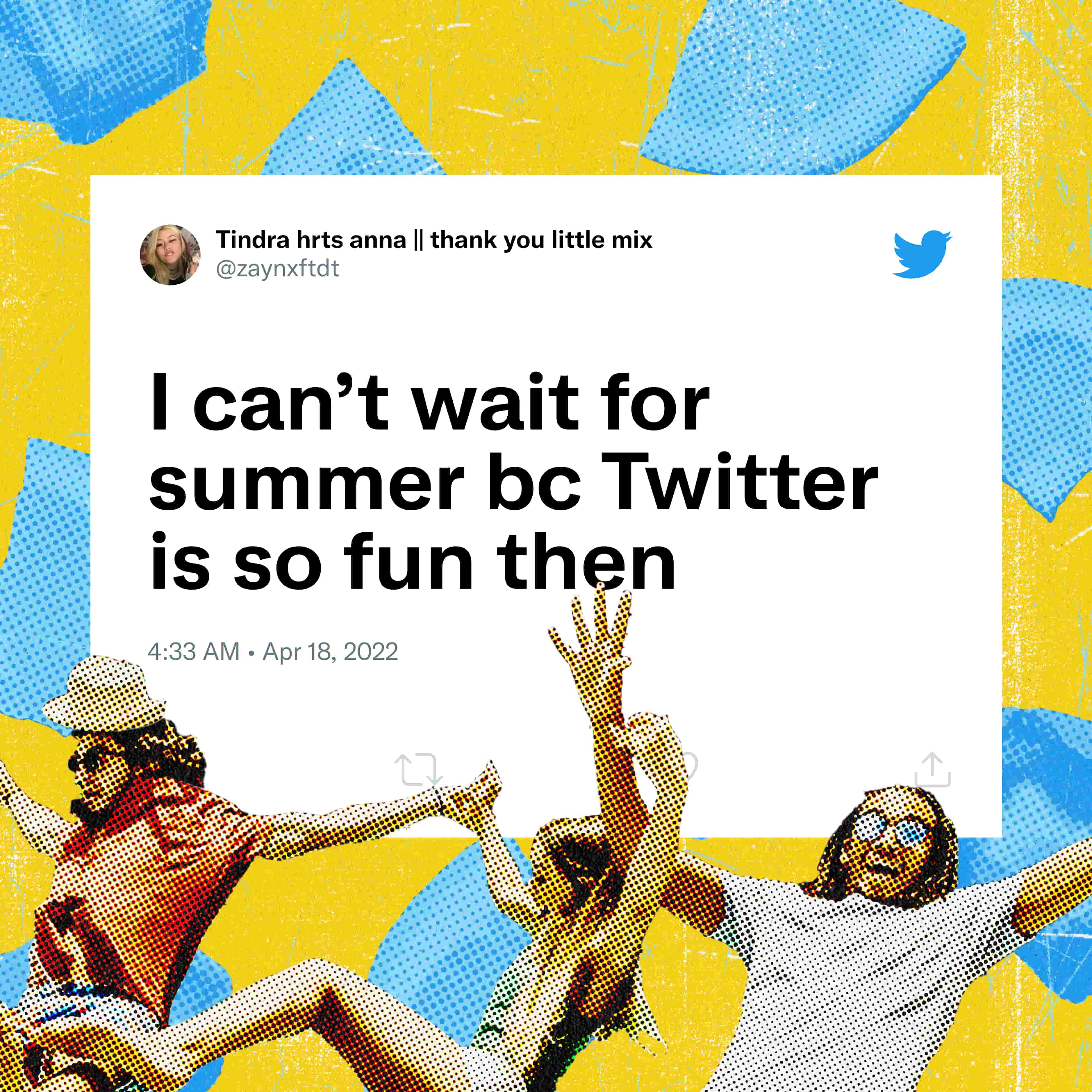 people jumping - Tweet with text "I can't wait for summer bc Twitter is so fun then"