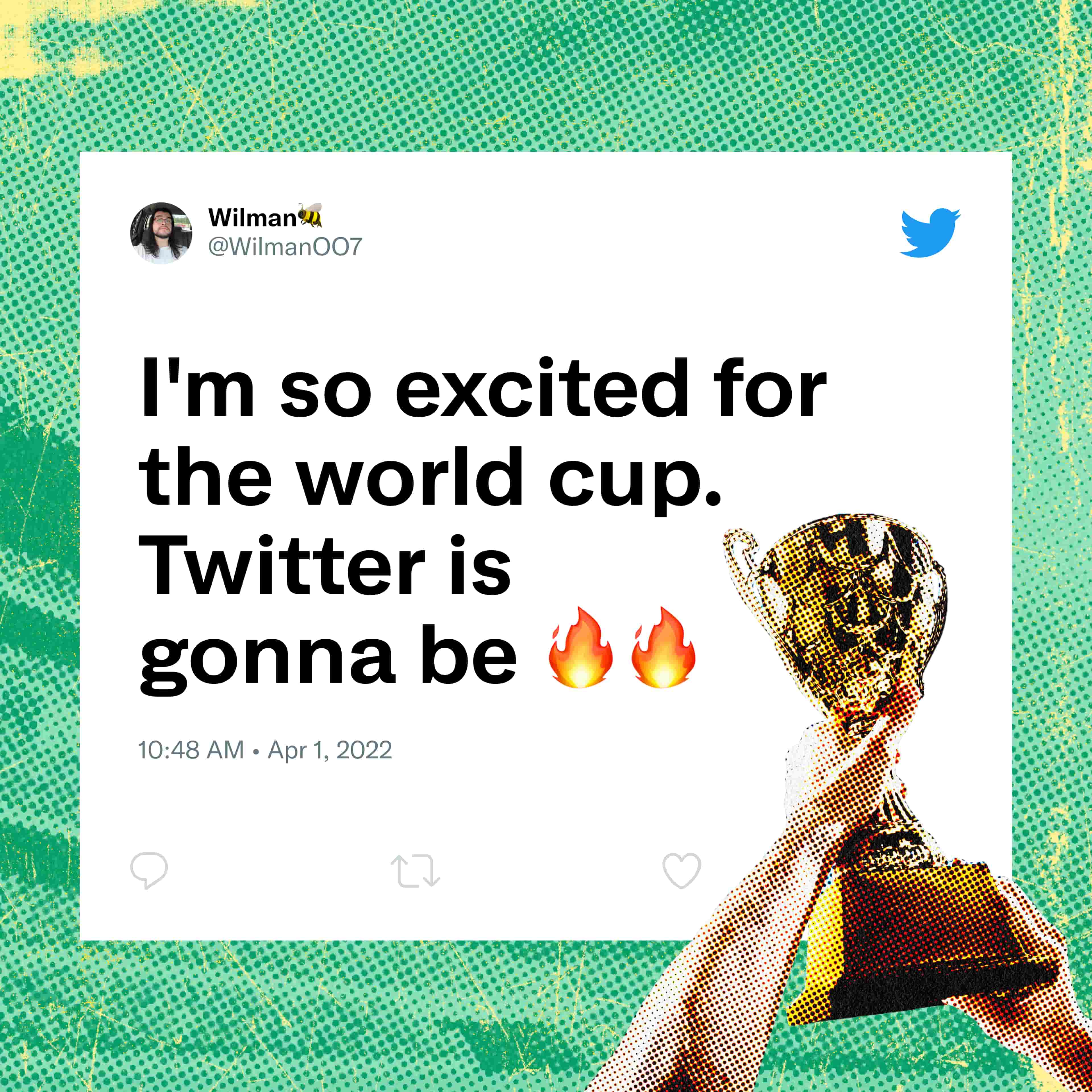 '월드컵이 너무 기대된다. Twitter는 흥분의 도가니가 될 것이다'라는 트윗과 함께 트로피가 있는 모습.